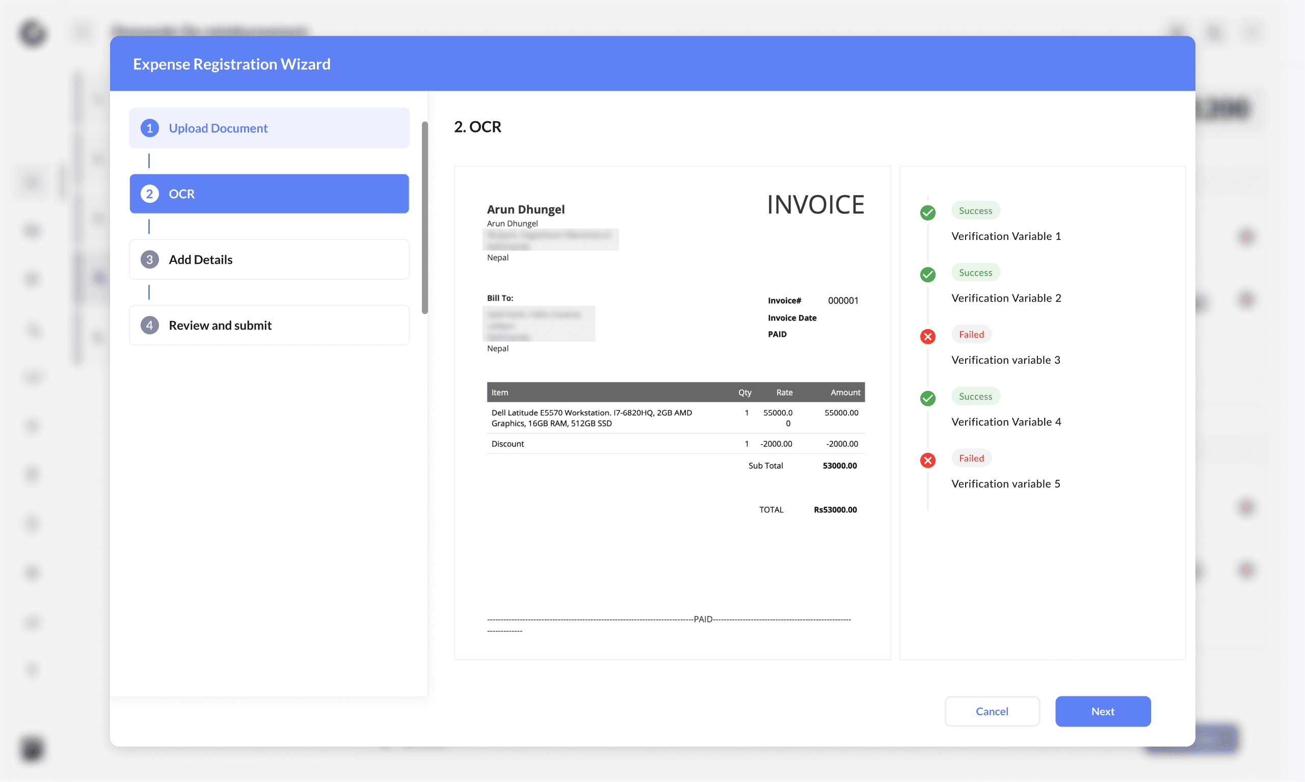 Expense registration wizard with OCR verification of an uploaded invoice