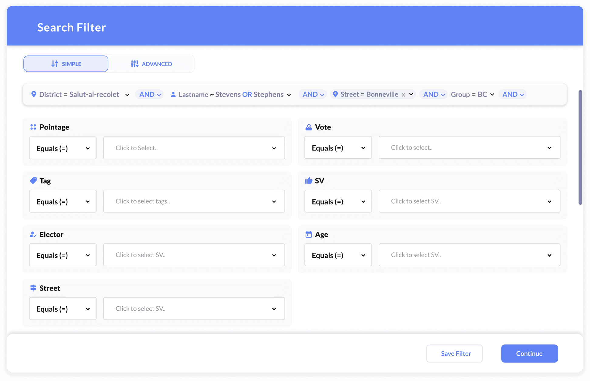 Advanced search and filter panel for contact segmentation