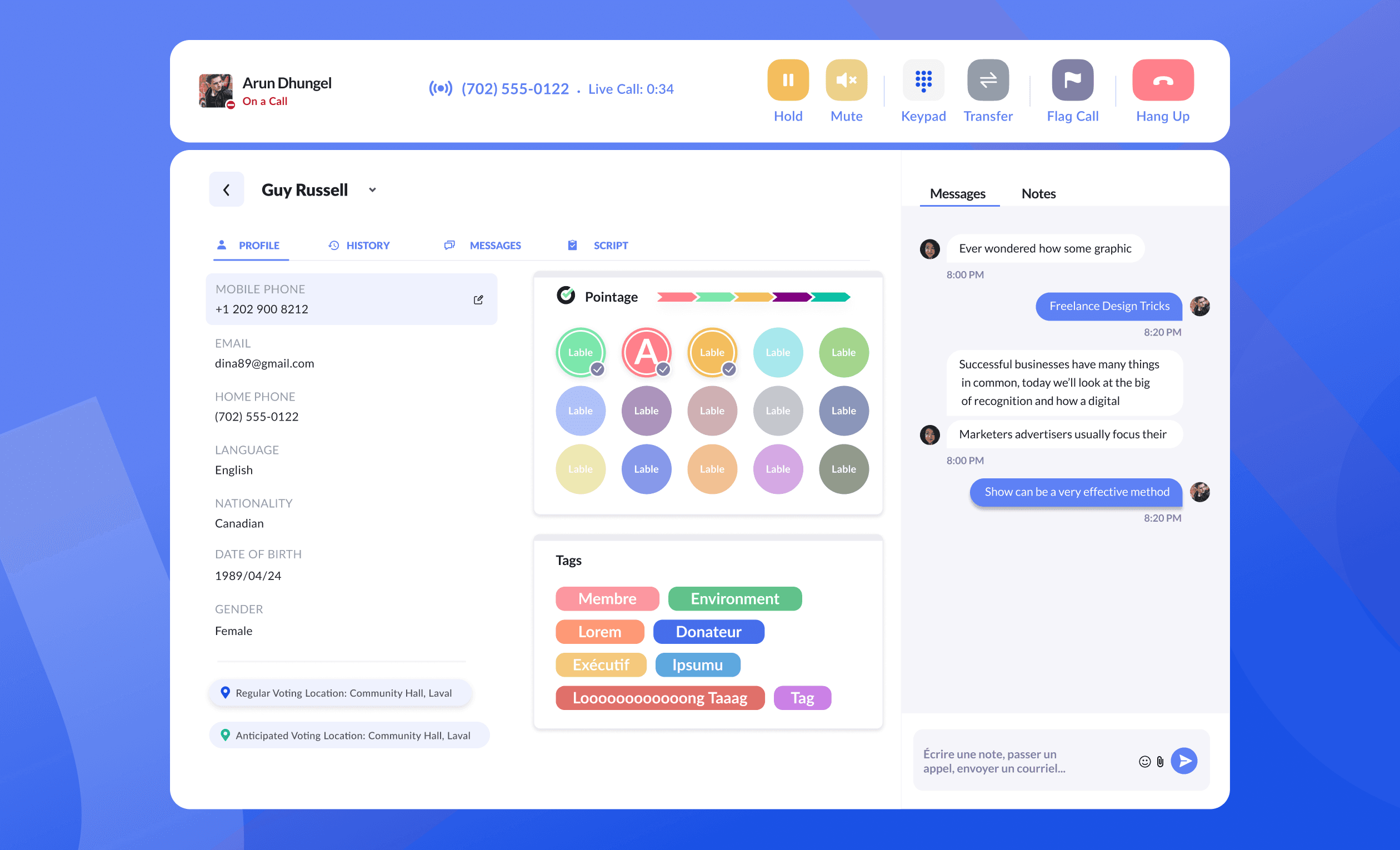 Agent call center showing profile view alongside script