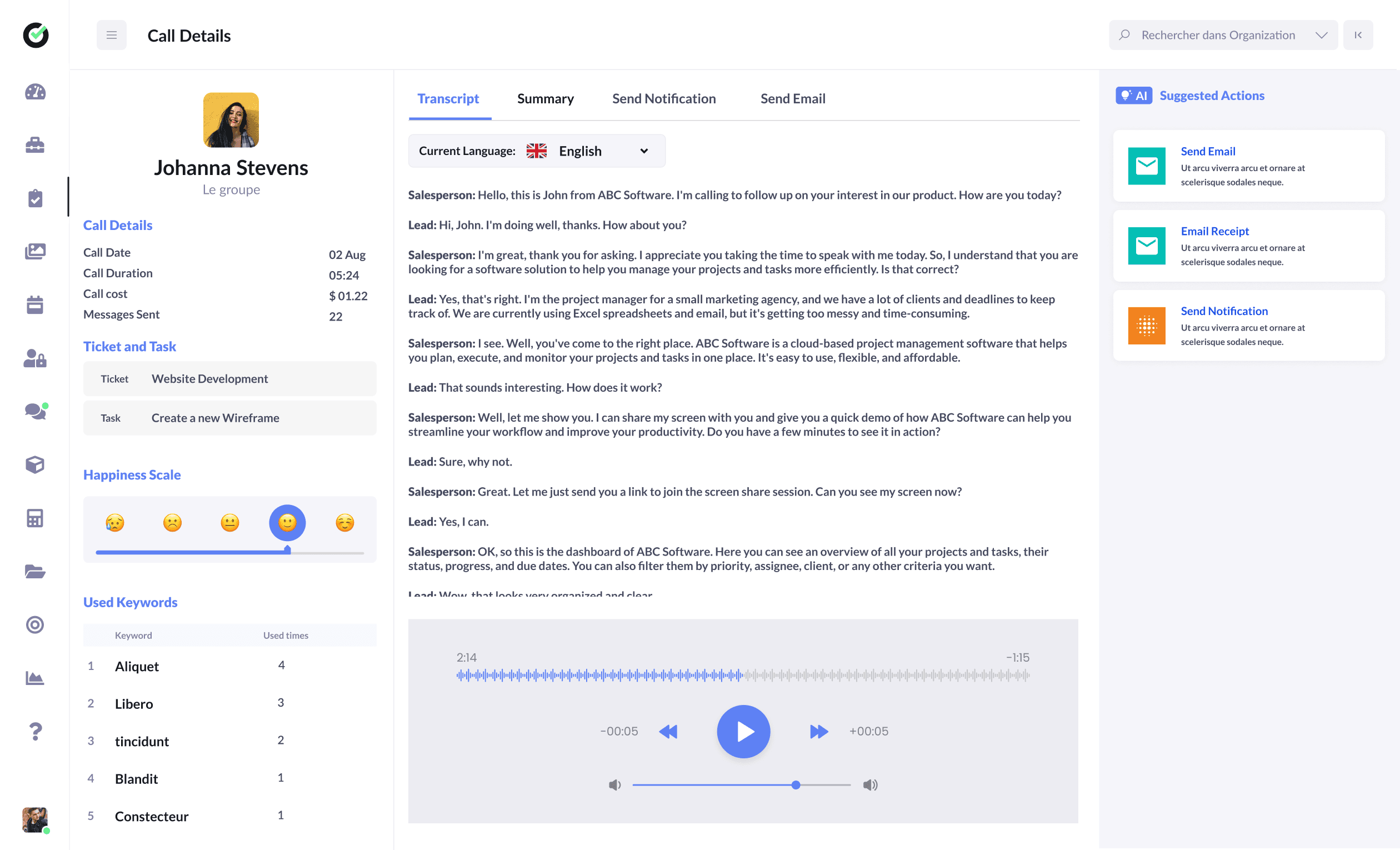 AI call details with transcript, audio player, and suggested actions