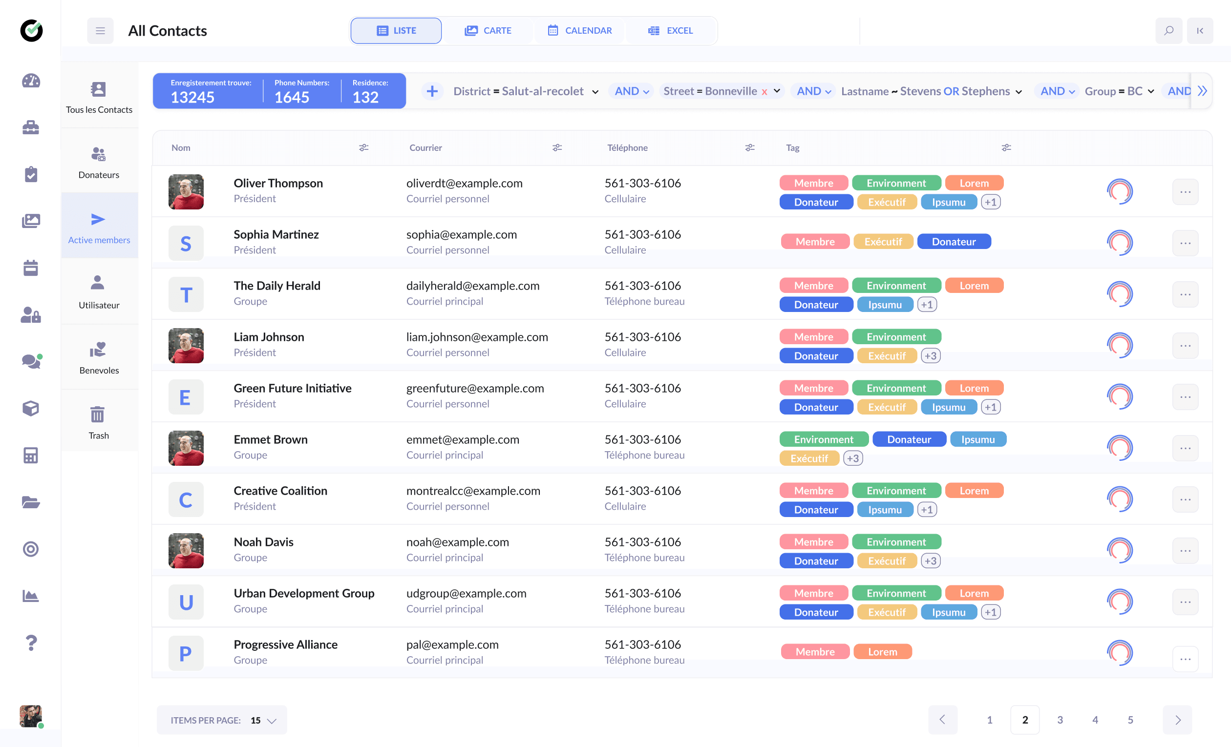 Organization-wide contact list with filters and bulk actions