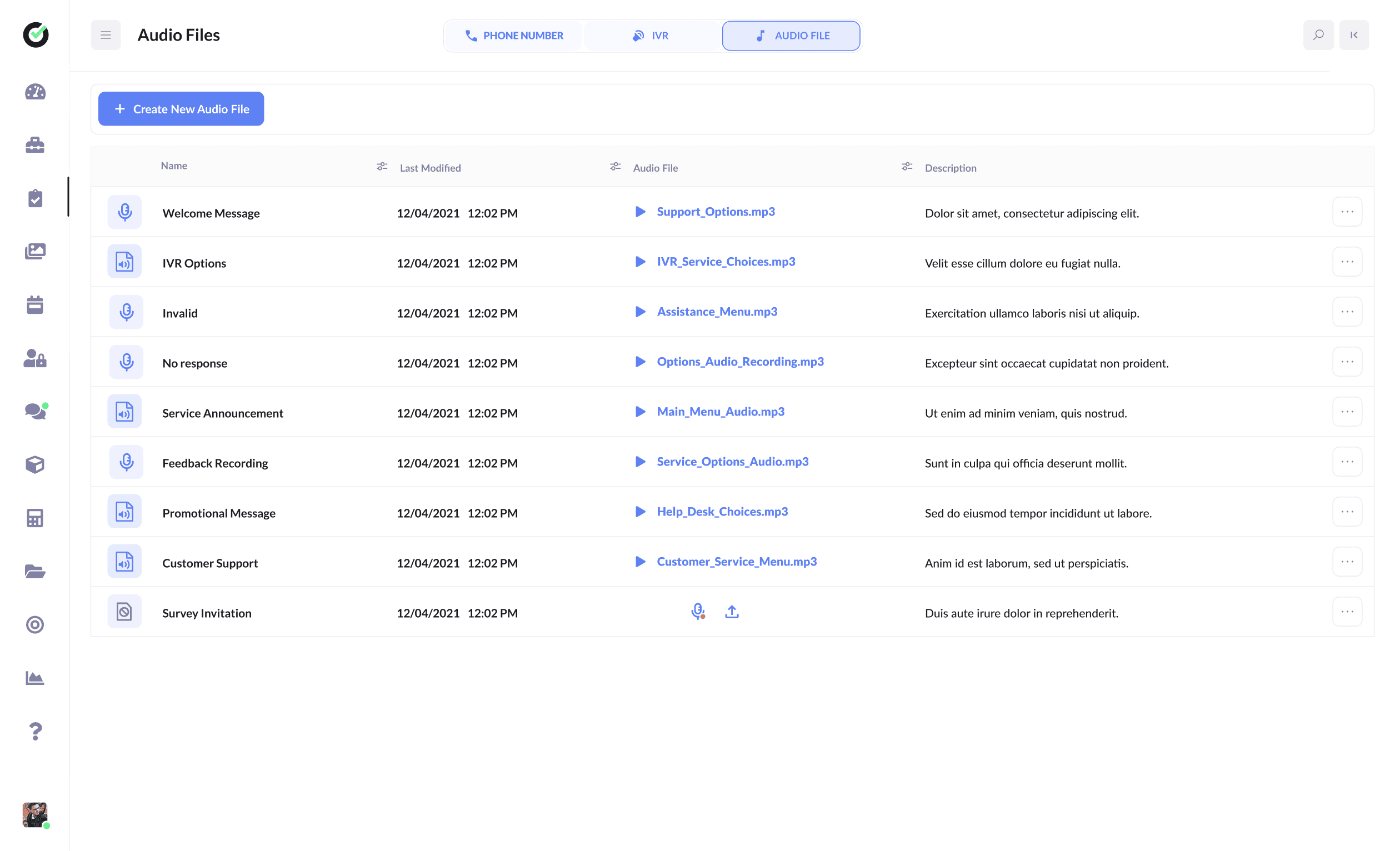 Audio files library for IVR prompts and phone messages
