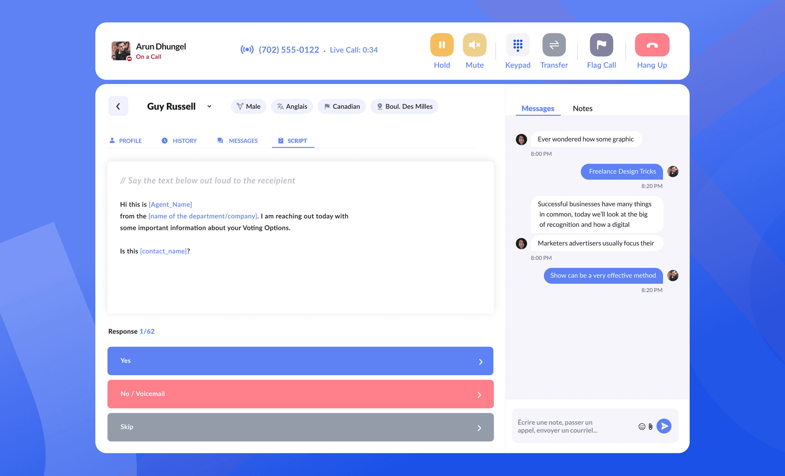Call center interface with active script and contact details
