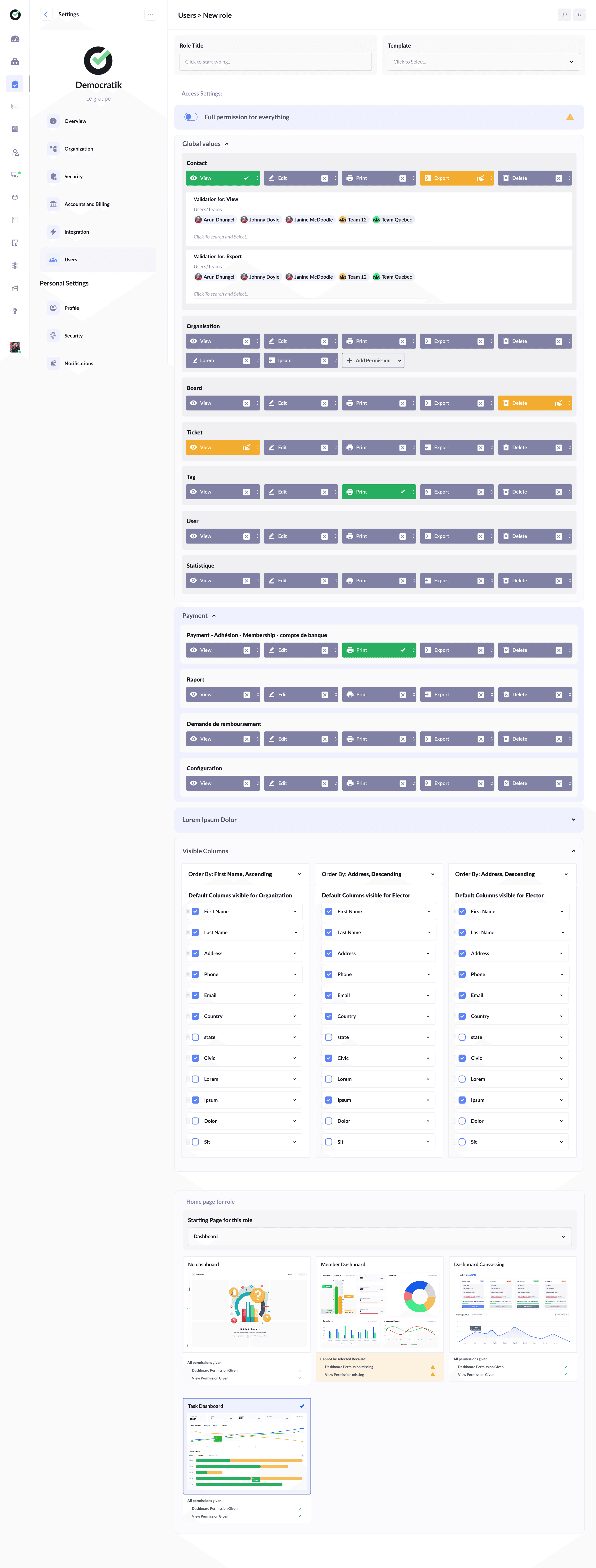 Roles and permissions management interface