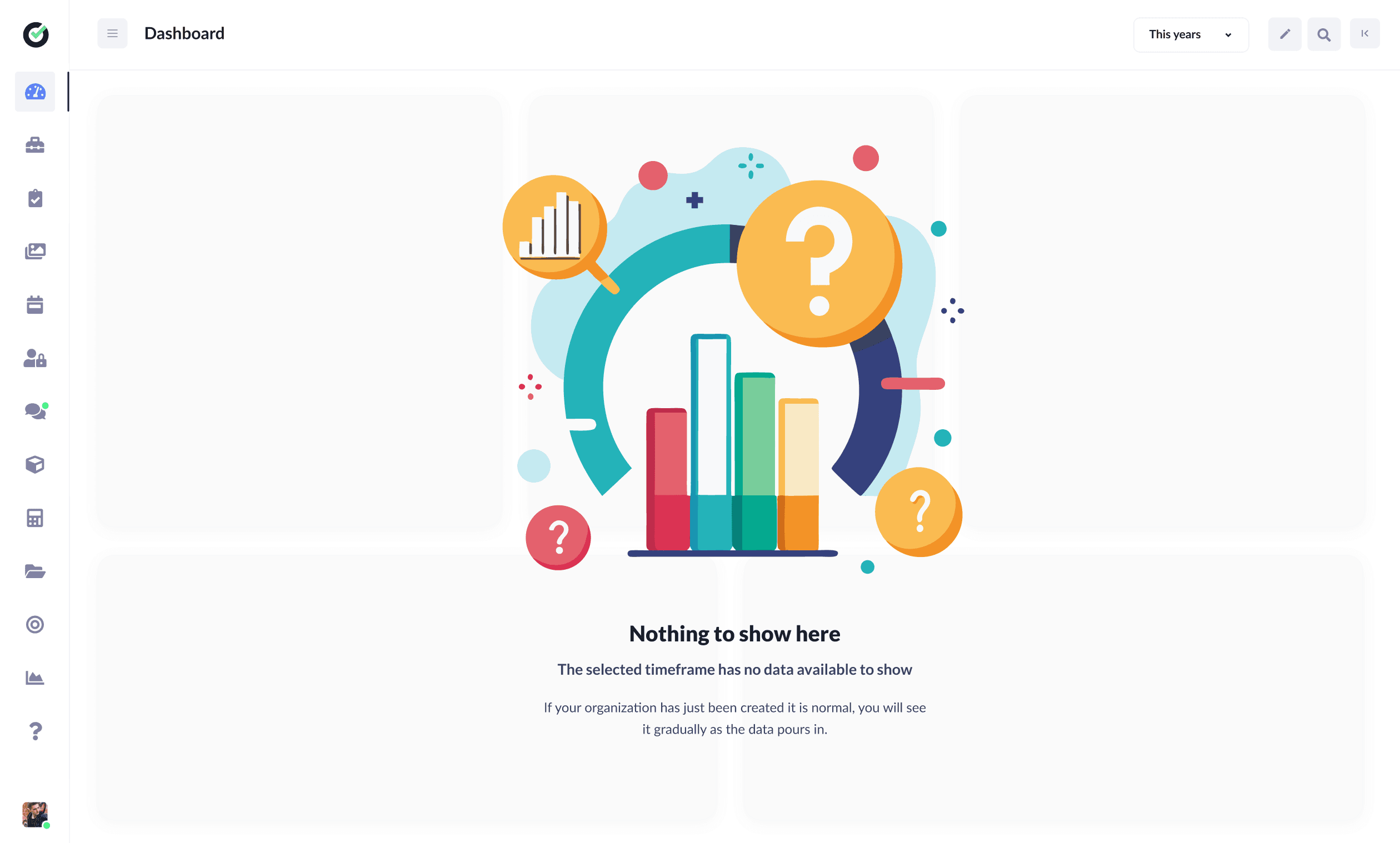 Dashboard empty state explaining no data for the selected timeframe
