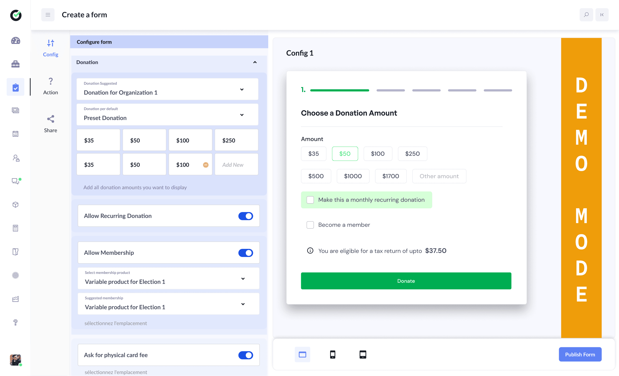 Membership and donation form builder with live preview