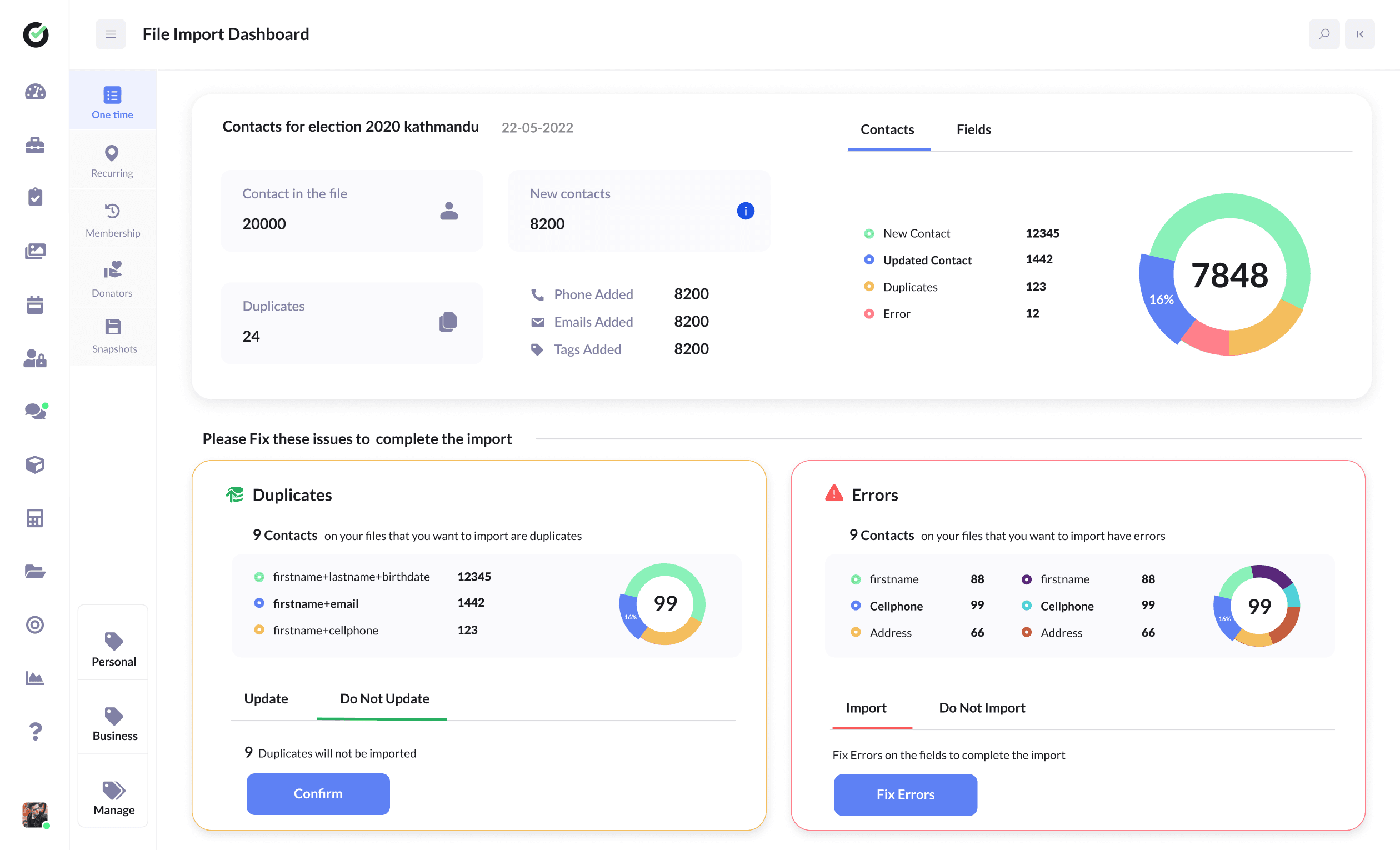 File importer dashboard after CSV upload with mapping preview