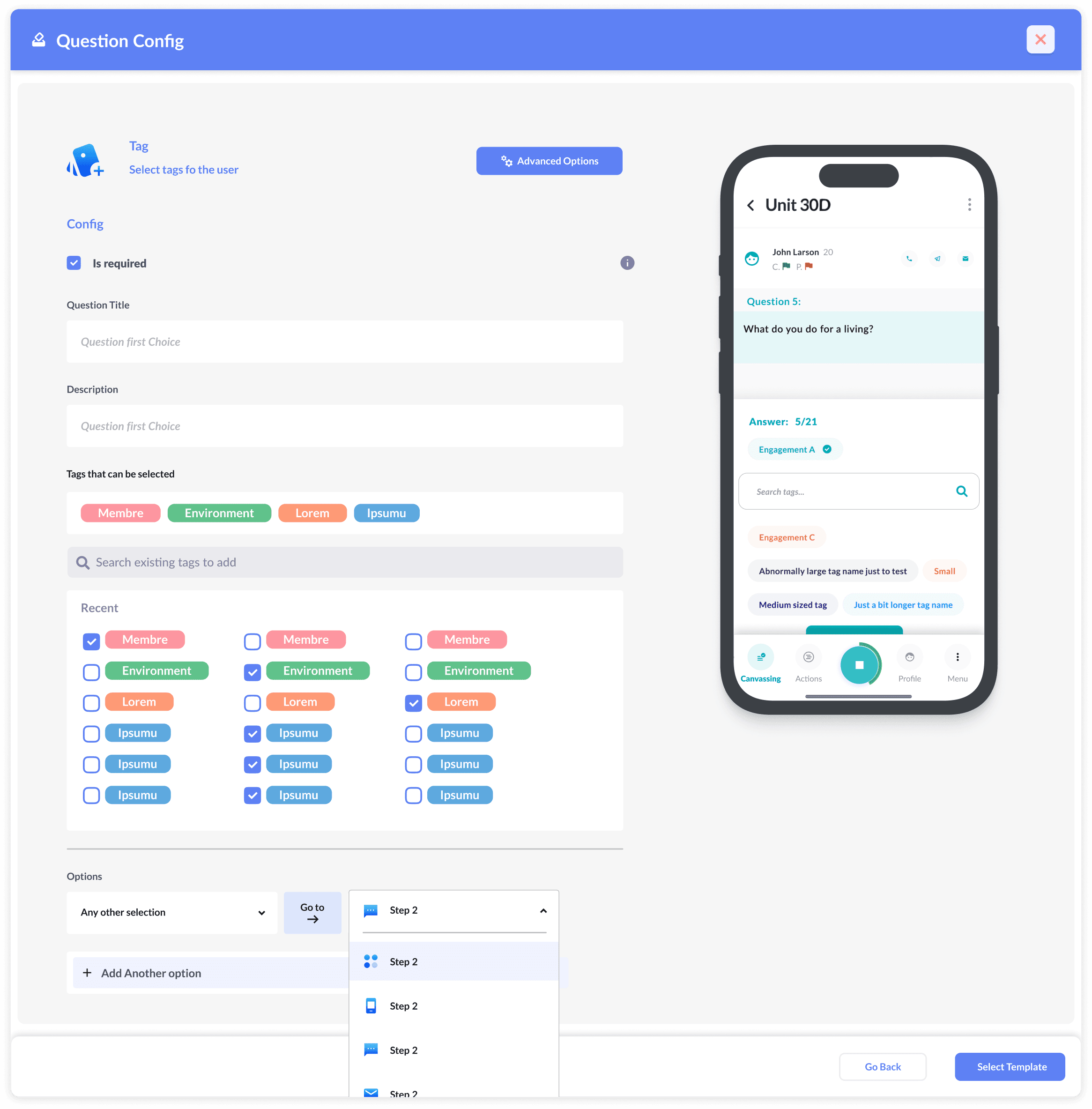 Question config modal for interactive scripts with tag selection and mobile preview
