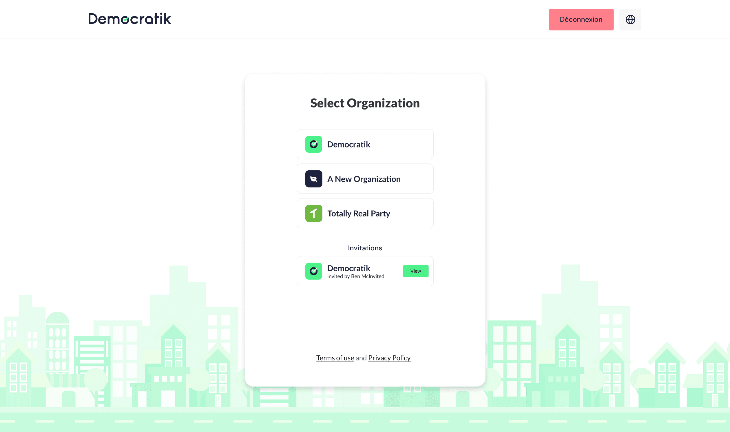 Organization selection screen for multi-tenant users