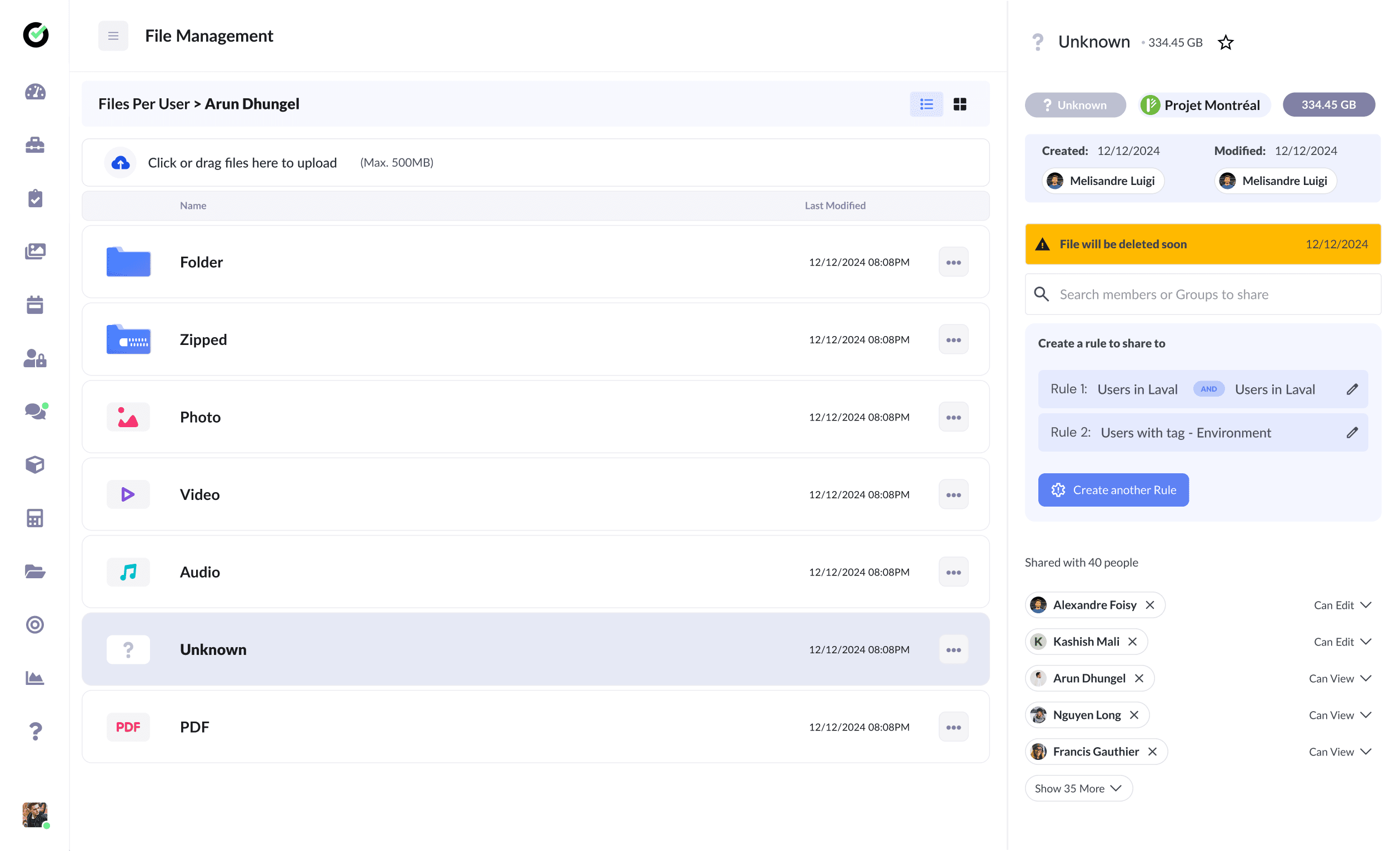 File management dashboard with upload area, file list, and sharing rules