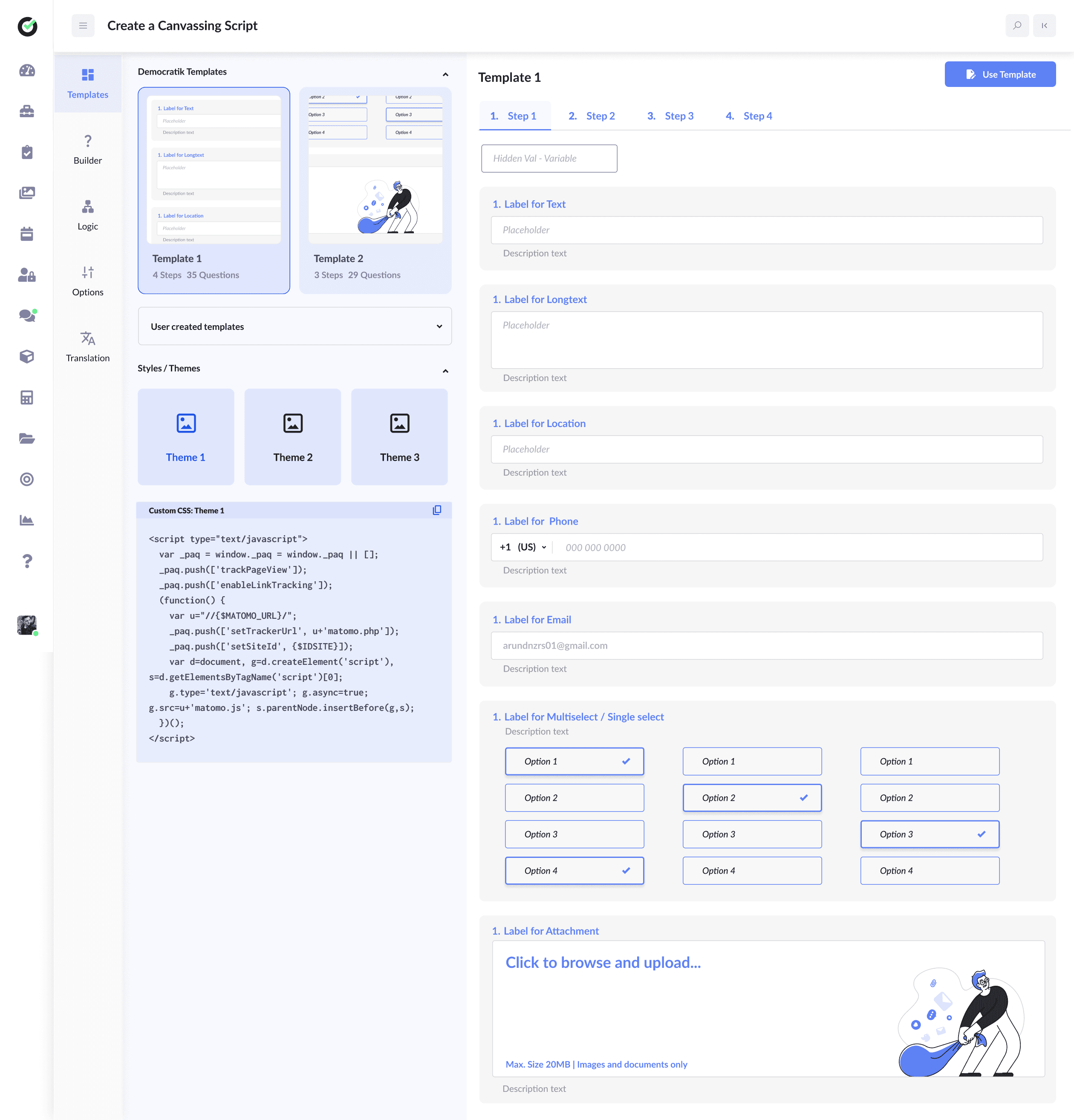 Survey and canvassing script builder with question blocks