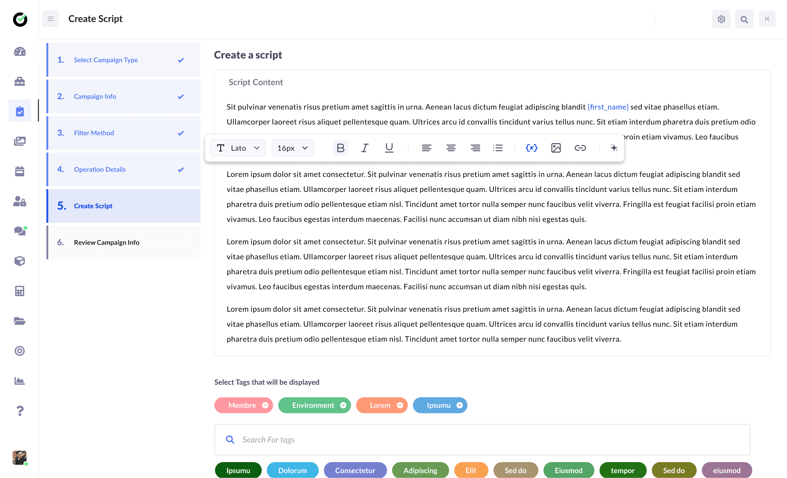 Text-only script creation editor with variables and tags