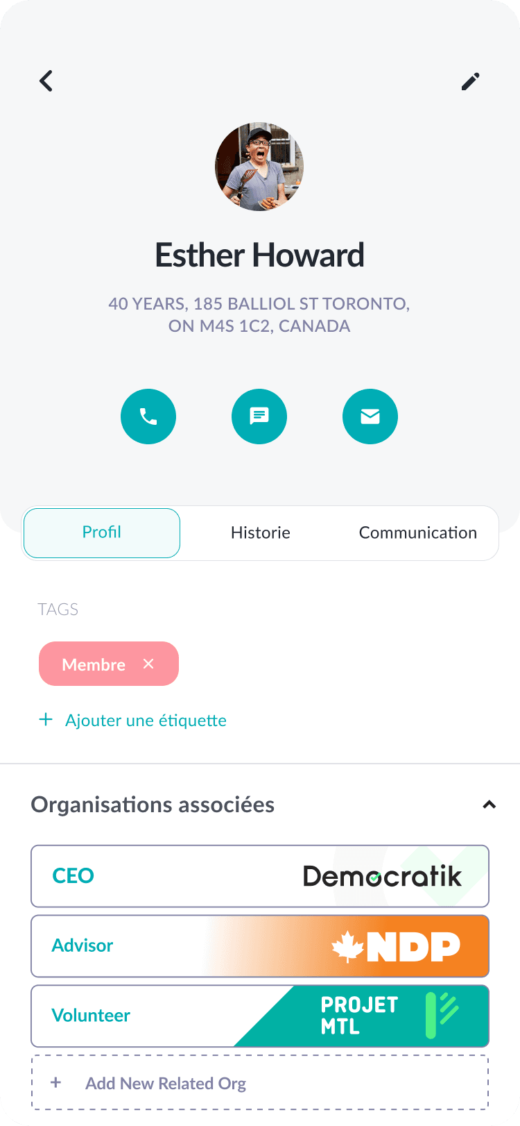 Mobile supporter profile with engagement history