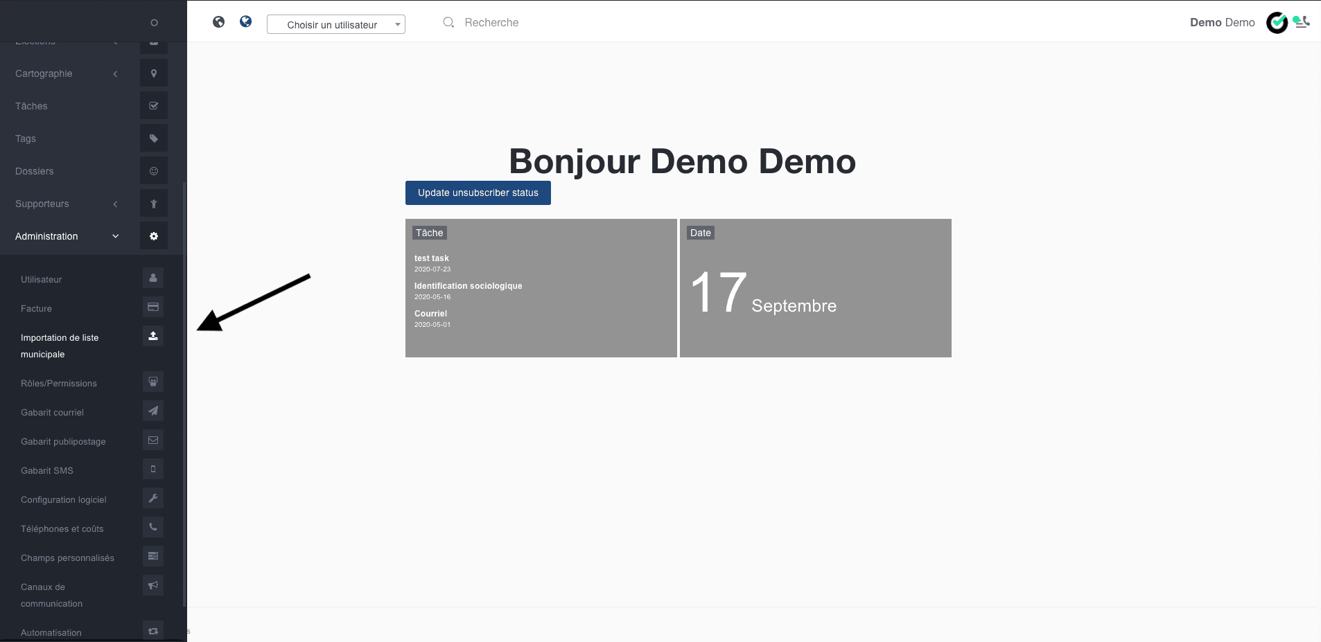 Democratik V2 dashboard with dense sidebar navigation