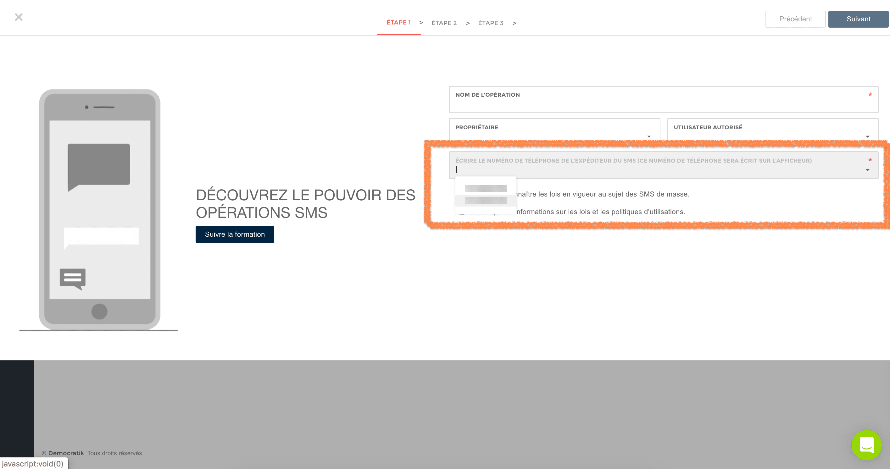 V2 SMS creation wizard with basic step layout