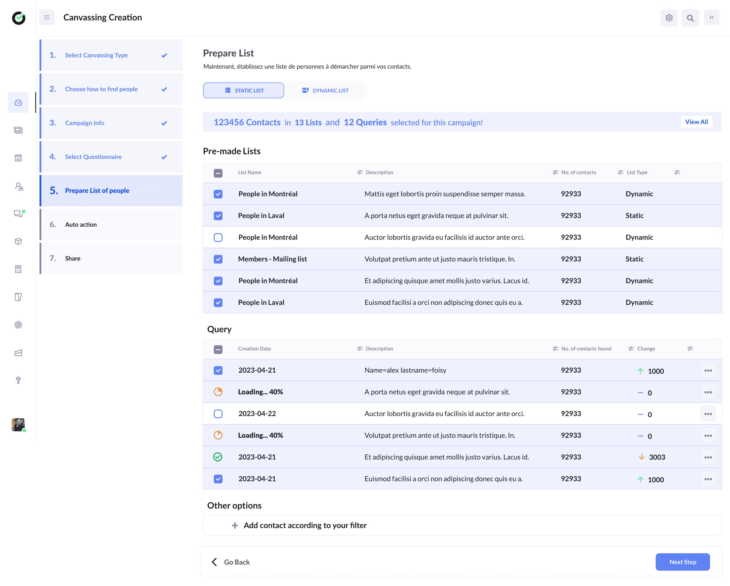 Canvassing creation wizard prepare-list step with static and dynamic lists